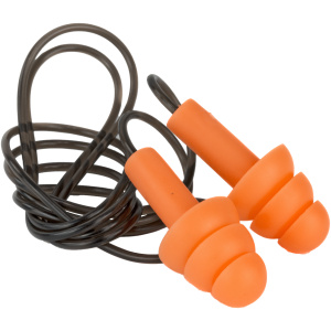 Orange earplugs with black cord.