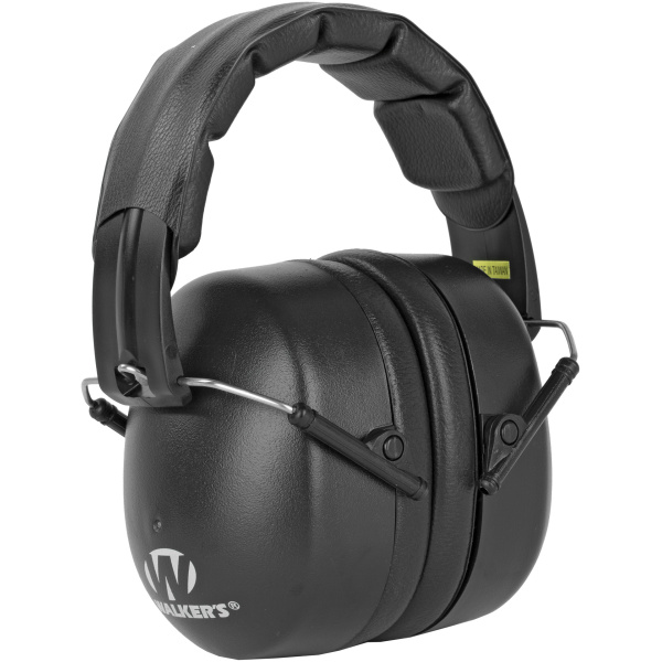 Black noise-cancelling ear muffs for hearing protection.