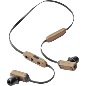 Brown wireless earbuds with neckband and controls