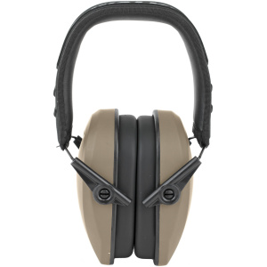 Brown noise-canceling earmuffs with black headband.