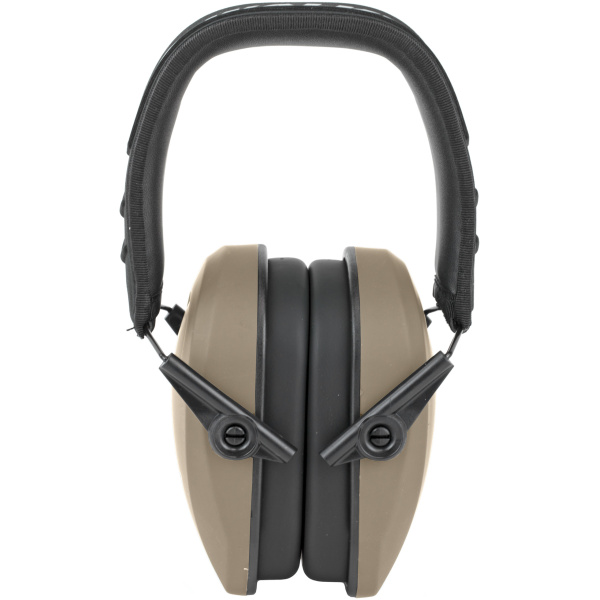 Brown noise-canceling earmuffs with black headband.