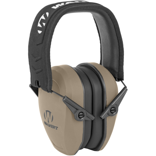Tan and black earmuffs for hearing protection.