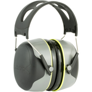 Noise-cancelling earmuffs, black with lime accents.