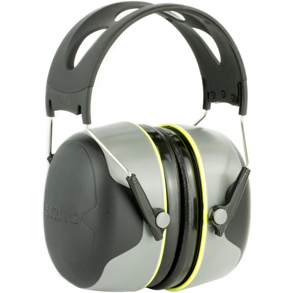Noise-cancelling earmuffs, black with lime accents.
