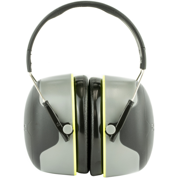 Gray noise-canceling earmuffs with yellow accents.