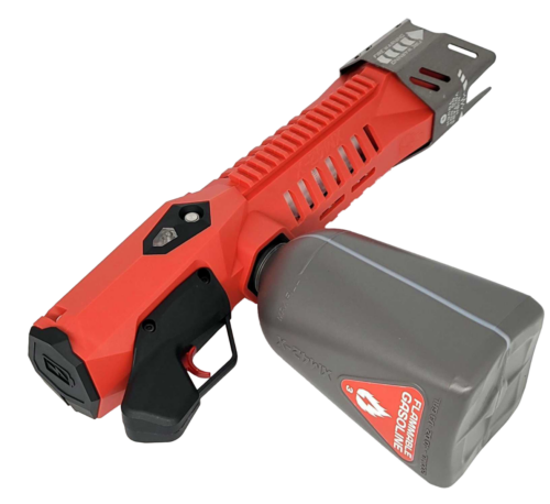 Red handheld machine with fuel canister attachment.