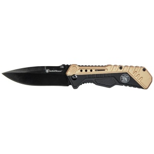 S&W KNIFE BLACK/FDE SPRING AST - 3.5" BLACK BLADE RUB/ALUM