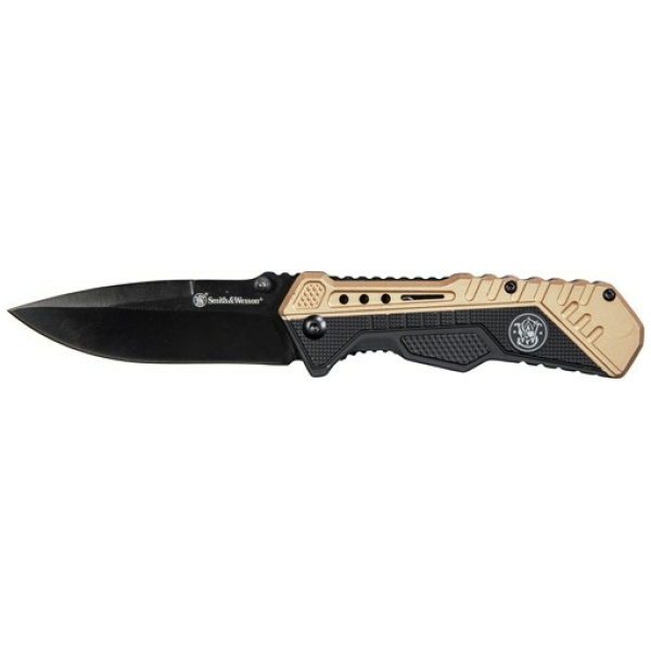 S&W KNIFE BLACK/FDE SPRING AST - 3.5" BLACK BLADE RUB/ALUM
