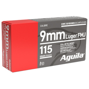 Box of Aguila 9mm Luger 115gr FMJ ammunition, 50 rounds, brass cases