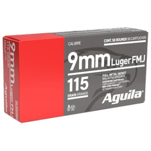 Box of Aguila 9mm Luger 115gr FMJ ammunition, 50 rounds, brass cases