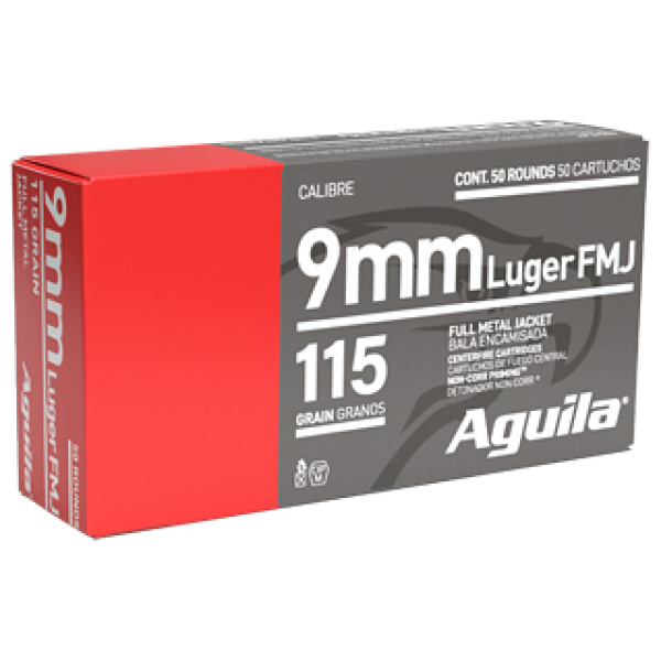 Box of Aguila 9mm Luger 115gr FMJ ammunition, 50 rounds, brass cases