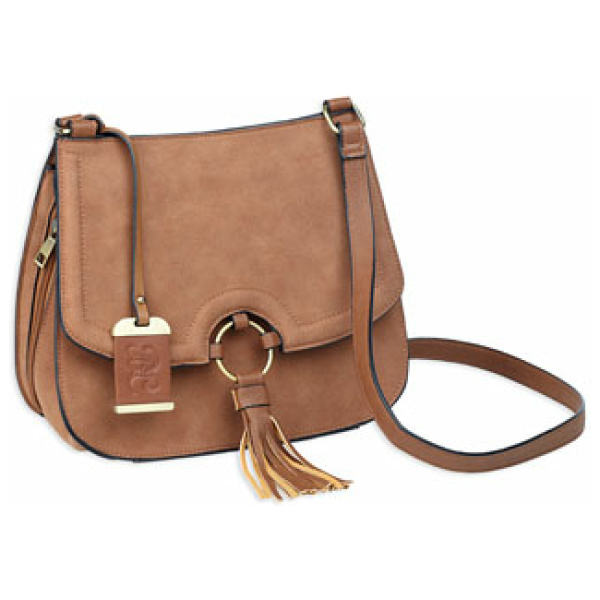 BULLDOG CROSS BODY PURSE CAMEL SUEDE