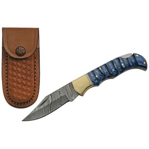 SZCO RITE EDGE 3" BLUE GROOVED - WOOD DAMASCUS LOCKBACK W/SHTH