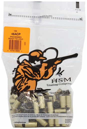 HSM BRASS 45 ACP ONCE FIRED - UNPRIMED 100 PACK