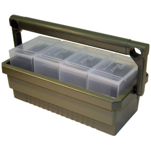 MTM SHOTSHELL BOX CADDY W/ 4 - SS25 RND CLEAR SHOTSHELL BOXES
