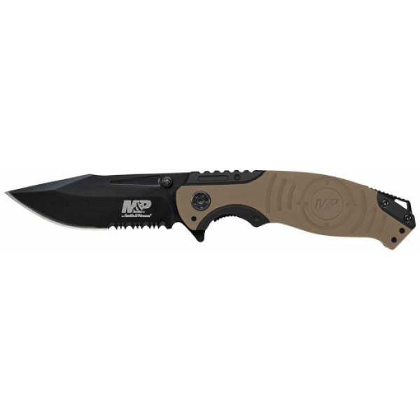 S&W KNIFE M&P INDEX FLIPPER - 3.5" BLACK/DESERT TAN CLIP PT