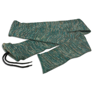 Colorful knitted scarf with drawstrings.
