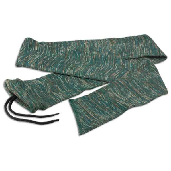 Colorful knitted scarf with drawstrings.