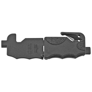 Black multifunctional emergency window breaker tool.