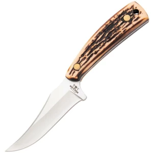 Bear & Son Upswept Skinner Fixed Knife 3-1/8" Clip Point Blade Stag Delrin with Leather Sheath