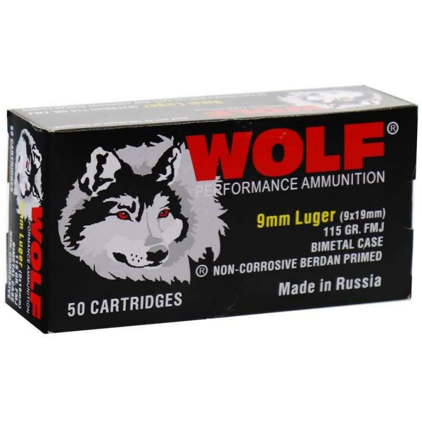 Wolf Performance Steel Case Handgun Ammunition 9mm Luger 115gr FMJ 1130 fps 50/ct