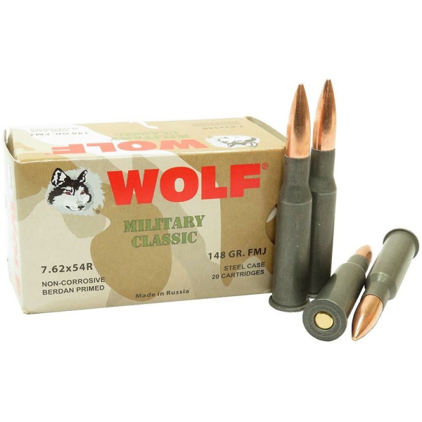 Wolf Military Classic Rifle Ammunition 7.62x54R 148gr FMJ  2740 fps 20/ct