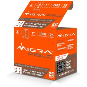 Migra Ultimate Field Hi-Brass Lead Stacked Shotshells 20ga 3" 1-3/8oz 1300 fps #6 & 8 Shot 25/ct