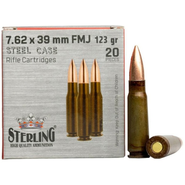 Global Ordnance Sterling Steel Case Rifle Ammunition 7.62x39mm 123gr FMJ 2362 fps 20/ct