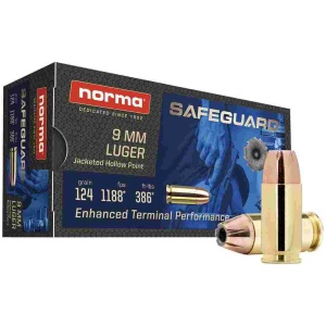 Norma Safeguard Handgun Ammunition 9mm Luger 124gr JHP 1188 fps 50/ct