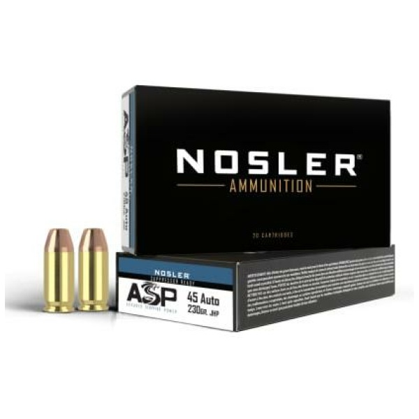 Nosler ASP Suppressor Ready Handgun Ammunition .45 ACP 230gr JHP 850 fps 50/ct