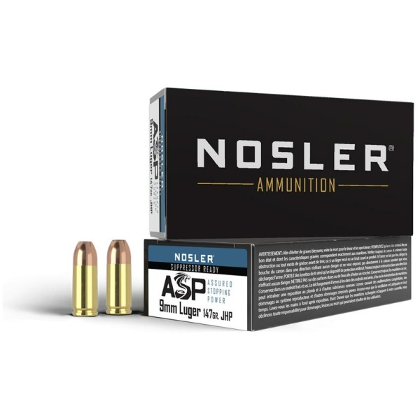 Nosler ASP Suppressor Ready Handgun Ammunition 9mm Luger 147gr JHP 950 fps 50/ct