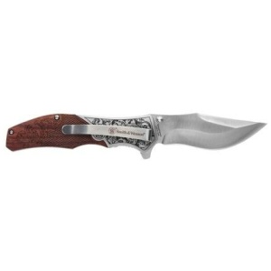 Smith & Wesson Unwavered Folding Knife 3-1/4" Clip Point Blade Engraved Wood Blister