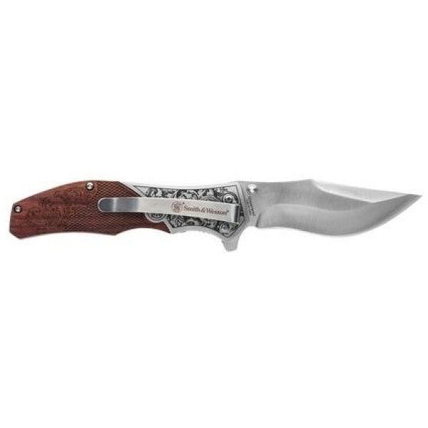 Smith & Wesson Unwavered Folding Knife 3-1/4" Clip Point Blade Engraved Wood Blister