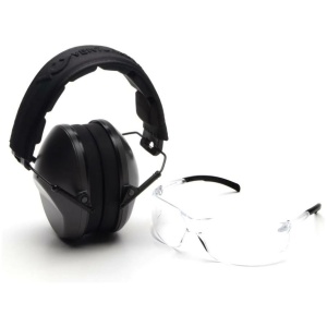 Pyramex Low Profile Combo Kit Passive Black Ear Muff 24dB Clear Shooting Glasses Clear with Clear Lens