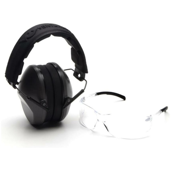 Pyramex Low Profile Combo Kit Passive Black Ear Muff 24dB Clear Shooting Glasses Clear with Clear Lens