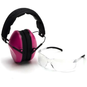 Pyramex Low Profile Combo Kit Passive Pink Ear Muff 24dB Clear Shooting Glasses Clear with Clear Lens
