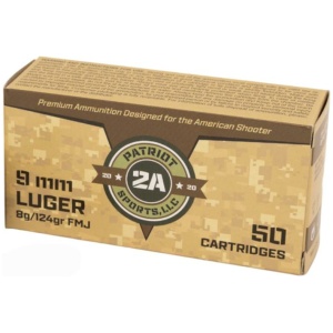 Patriot Sports Brass Case Handgun Ammunition 9mm Luger 124gr FMJ 1148 fps 50/ct