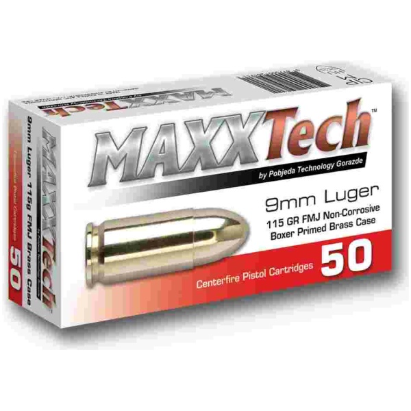 Maxxtech Brass Casefire Handgun Ammunition 9mm Luger 115 gr FMJ 50/ct