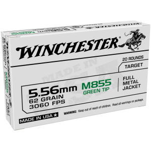 Winchester USA Lake City M855 Green Tip Rifle Ammunition 5.56mm 62 gr. FMJ 3060 fps 20/ct