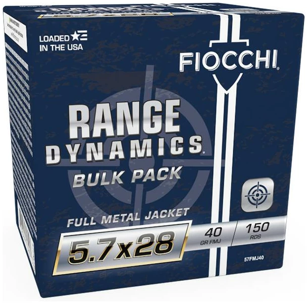 Fiocchi Range Dynamics Handgun Ammunition 5.7x28 FN 40gr FMJ 1700 fps 150/ct