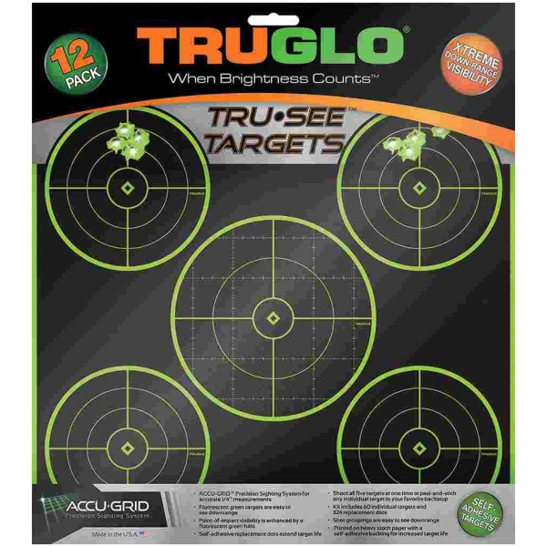 TRUGLO TRU-SEE Self Adhesive Targets - 5 Bullseye 12x12 Green 12 Pack