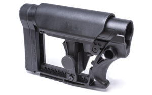 Black tactical rifle stock on white background.