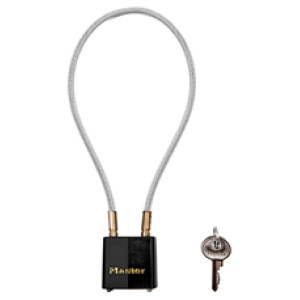 Cable padlock with key on white background