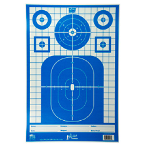 Blue shooting range target with grid and circles.