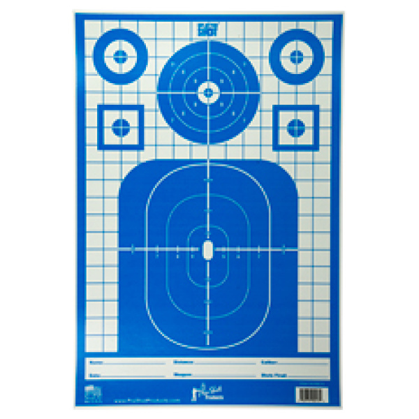 Blue shooting range target with grid and circles.