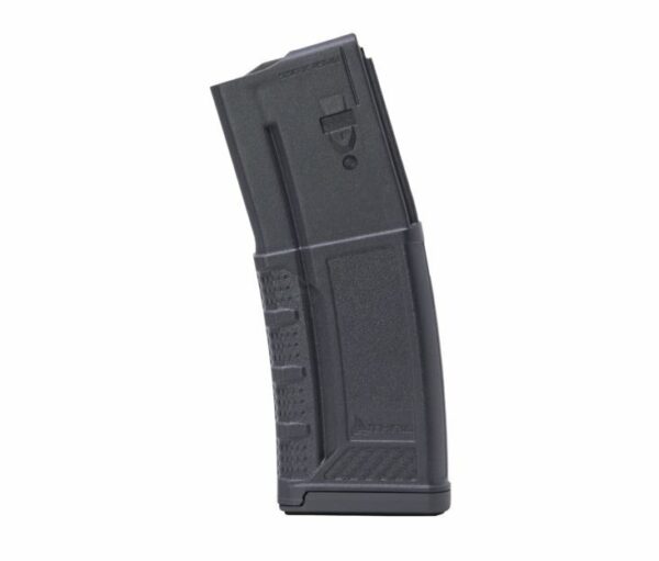 Black polymer rifle magazine on white background.