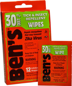 Ben's 30% DEET insect repellent wipes packaging.