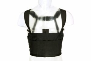 Black tactical vest on a mannequin front view.