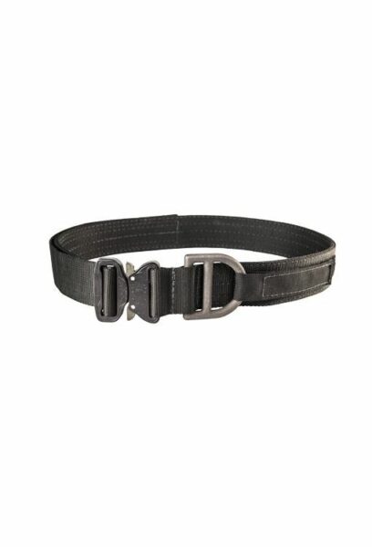 Black tactical belt with metal buckle and D-ring.