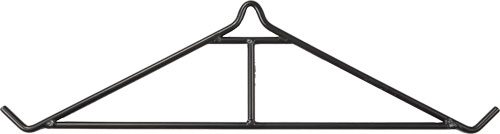 Black metal hanger with two hooks and center bar.